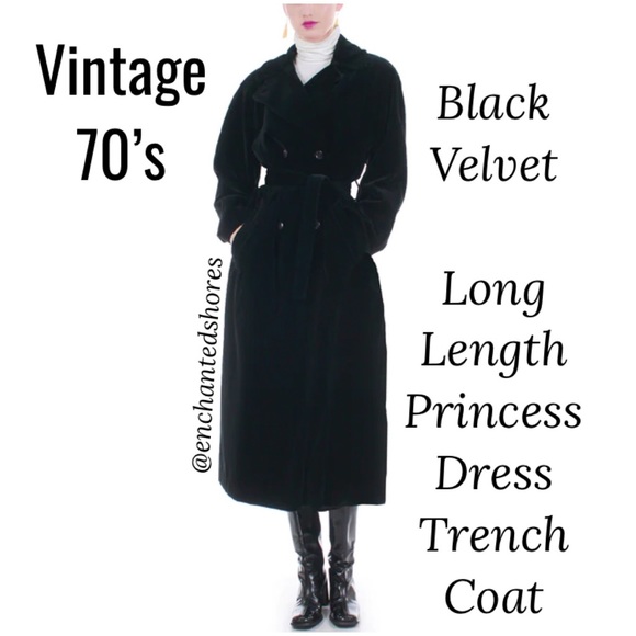 French Princess Trench Coat Vintage Black Velvet Long Dress Drizzle Size Small - Picture 1 of 16